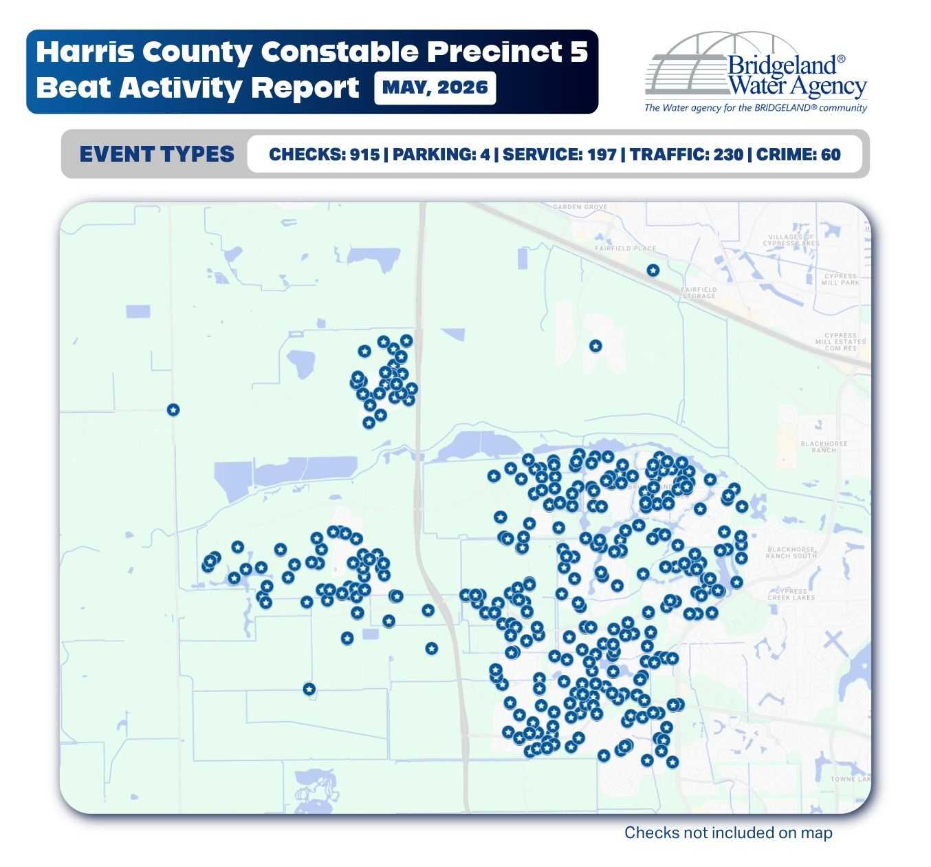 Map showing Harris County Constable Precinct 5 beat activity for May 2026, with clusters of incident markers across Bridgeland area; counts listed (checks, parking, service, traffic, crime).